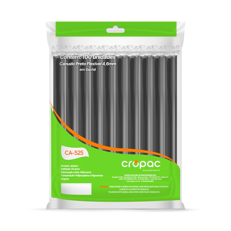 Canudo Plástico Flexível Preto 4,6mm em Sachê 100 Unidades CA525 - Cropac Canudo Plástico Flexível Preto 4,6mm em Sachê 100 Unidades CA525 - Cropac
