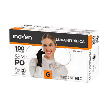 Luva Nitrílica Sem Pó Preta Caixa com 100 Unidades Inoven Tamanho G CA 45345 Luva Nitrílica Sem Pó Preta Caixa com 100 Unidades Inoven Tamanho G CA 45345