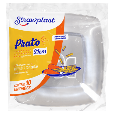 PRATO QUADRADO 21 CM CRISTAL C/10 STRAWPLAST