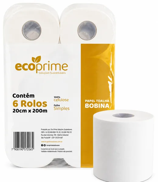 PAPEL TOALHA BOBINA 100% CELULOSE 6X20X200 MTS ECO GOLD PRIME